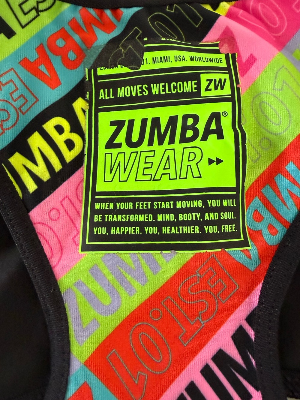 Zumba Neon Logo Cutout Sports Bra - Black with Neon Prints - Picture 3 of 3